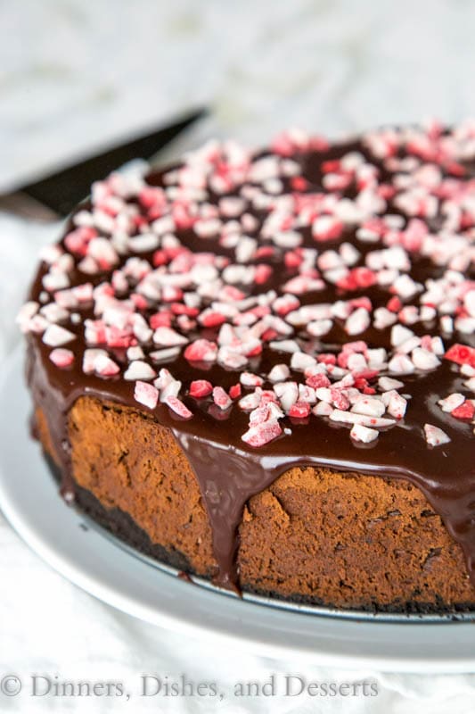 peppermint triple chocolate cheesecake on a dish