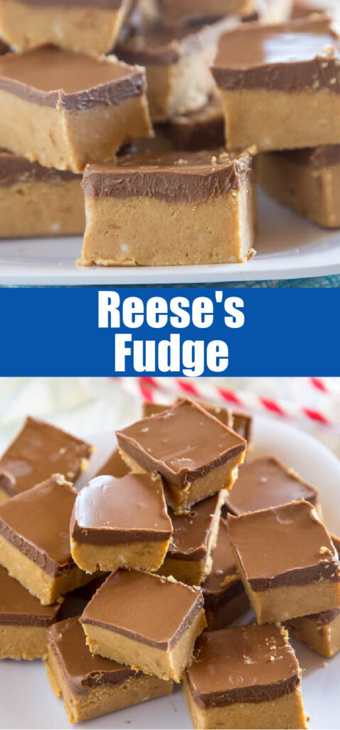 close up slices of reese's fudge on a white plate