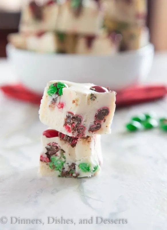 white chocolate m&m fudge in a bowl