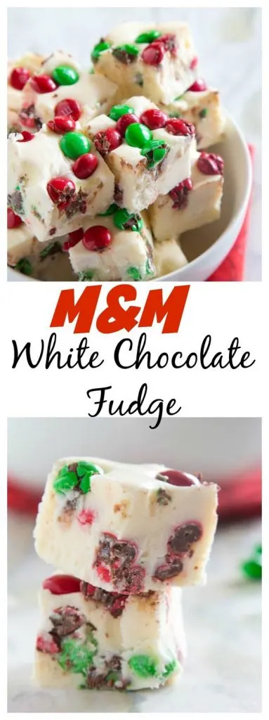 close up of white chocolate m&m fudge in a bowl