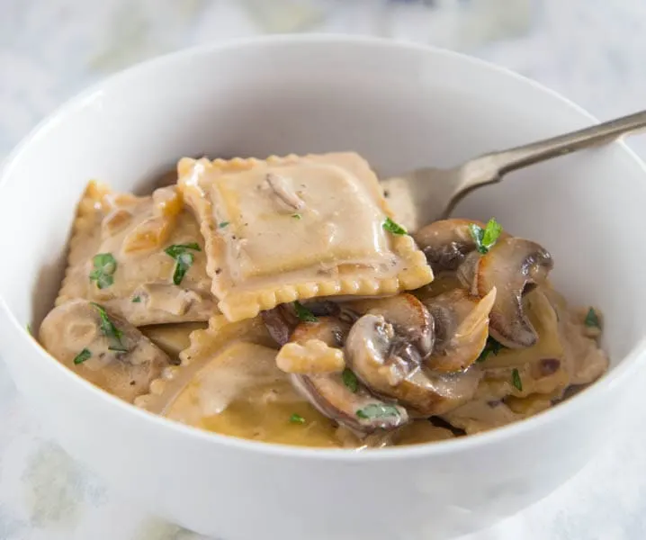 beef stroganoff ravioli skillet in a bowl