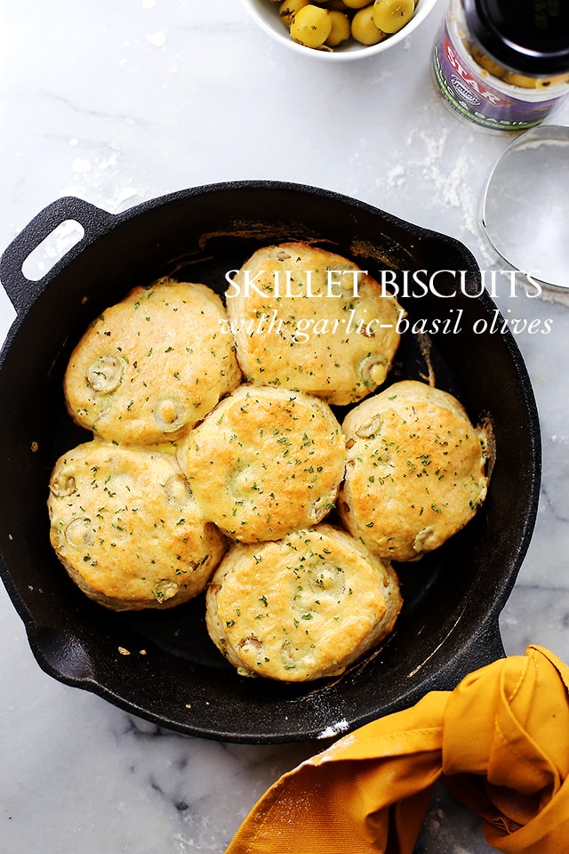 Skillet Biscuits with Garlic Basil Olives {Diethood}