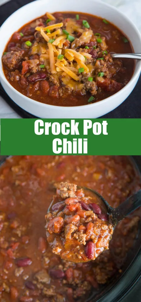 close up crock pot chili in a bowl with cheese