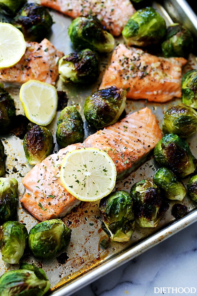 One Sheet Pan Garlic Roasted Salmon with Brussels Sprouts {Diethood}
