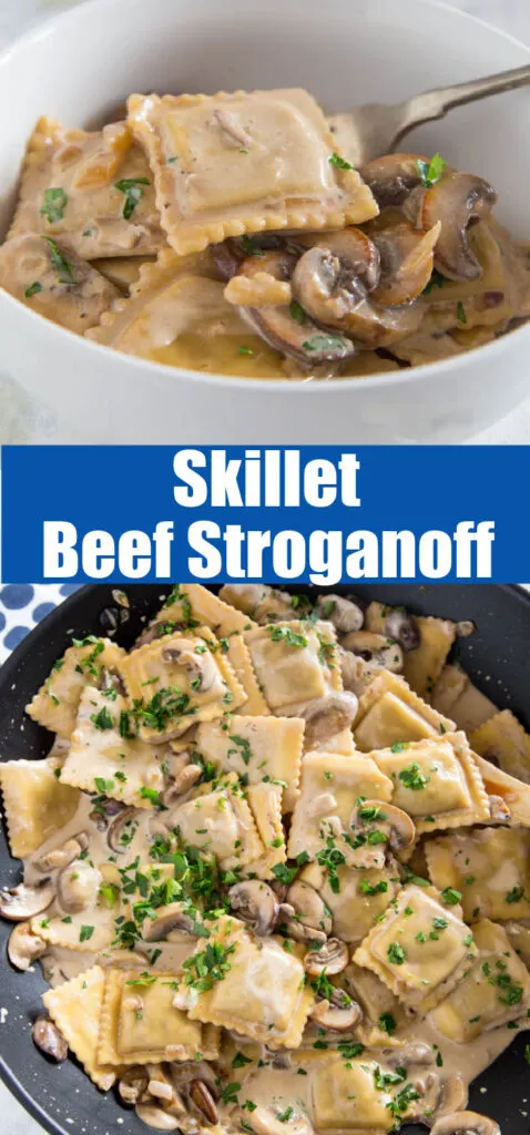 ravioli beef stroganoff in a skillet close up