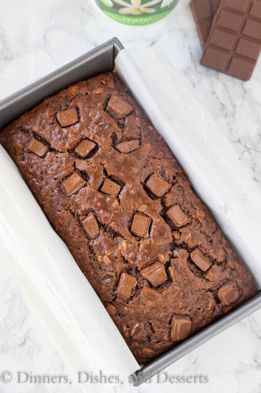 chocolate oatmeal banana bread in a loaf pan