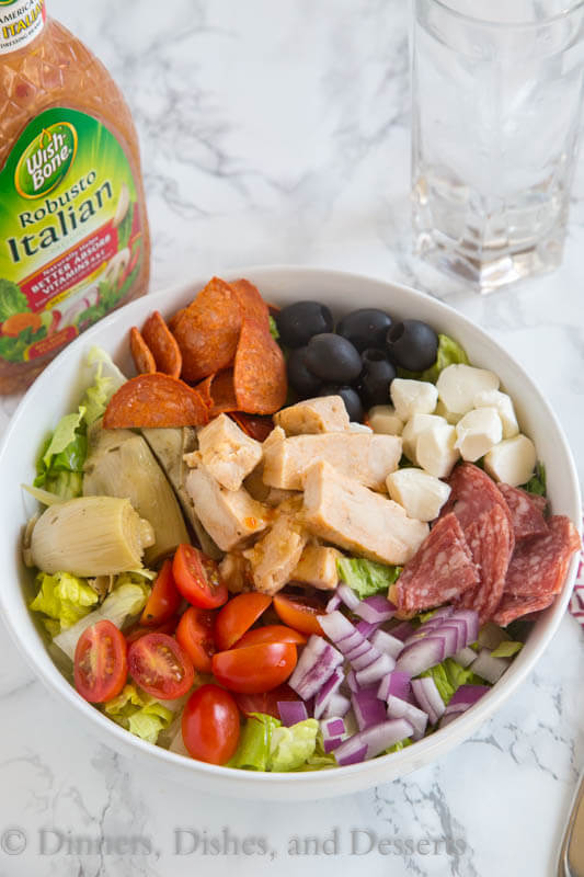 Grilled Chicken Antipasto Salad - An easy salad that comes together in minutes thanks to Tyson Chicken and Wishbone Italian Dressing.