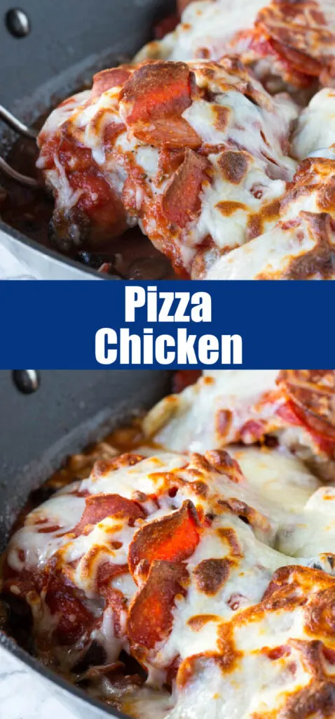 close up of pizza chicken in a skillet for pinterest