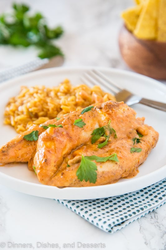 A plate of food on a table, with Chicken and Salsa