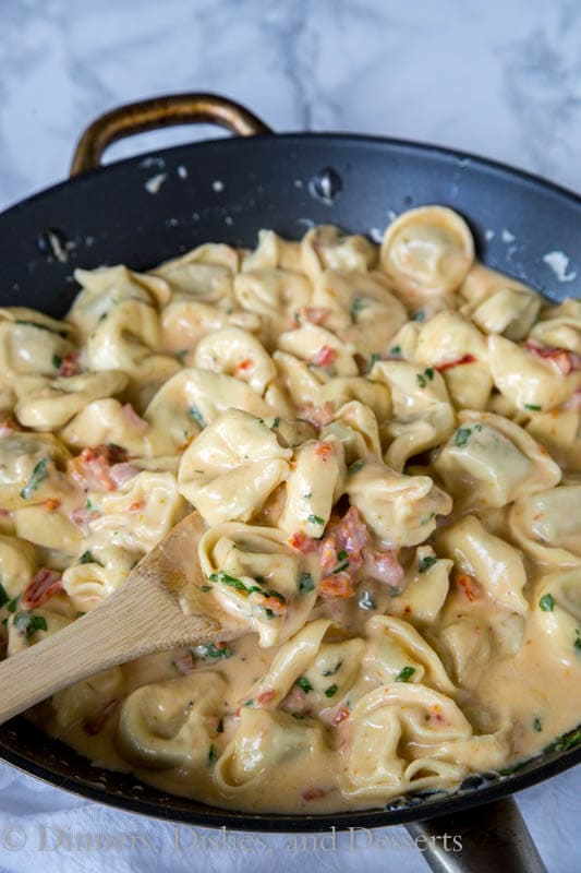 creamy tomato basil tortellini in a pan