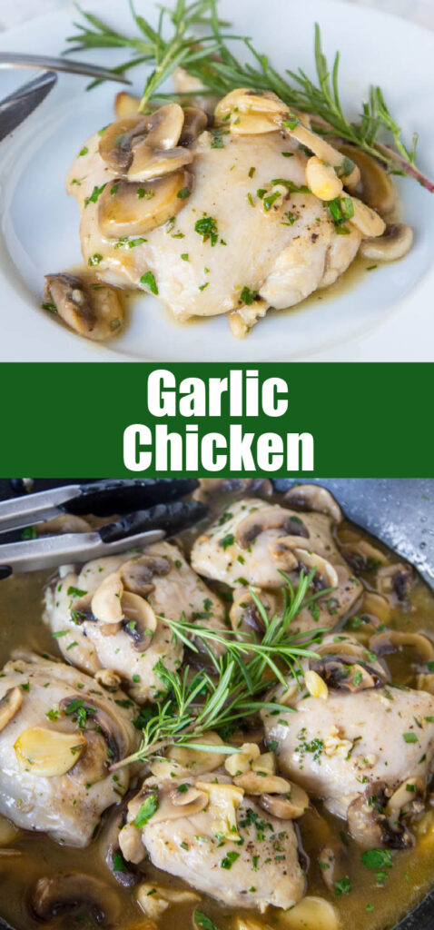 garlic chicken with rosemary and mushrooms close up for pinterest