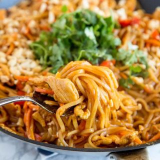 Spicy Thai Noodles with Chicken - a super quick and easy dinner that is on the table in minutes. Full of great Thai flavor with easy to find ingredients!