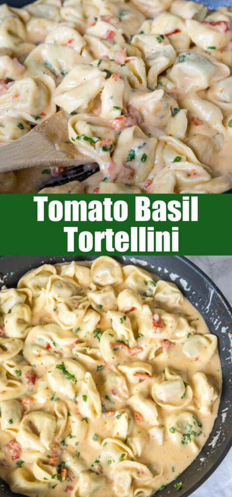 tortellini in a creamy sauce in a large skillet
