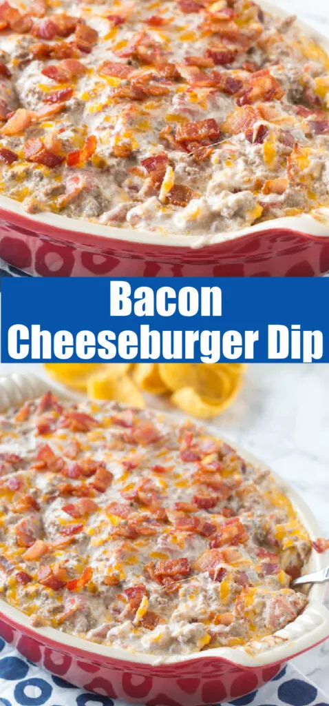 close up bacon cheeseburger dip in a baking dish