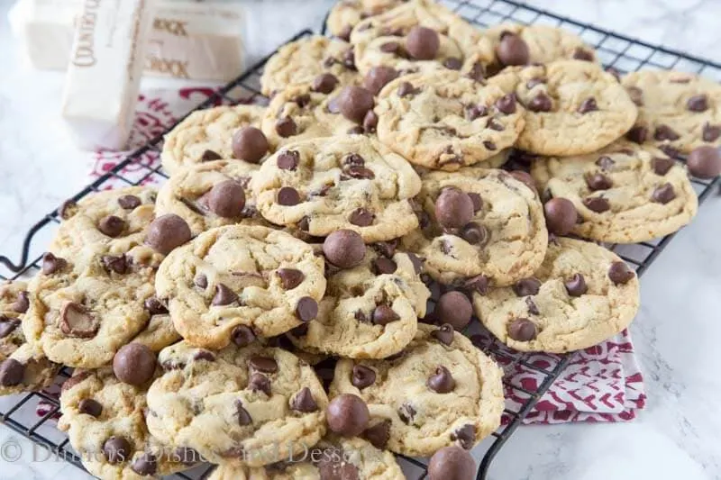 malt chocolate chip whopper cookies in a pan