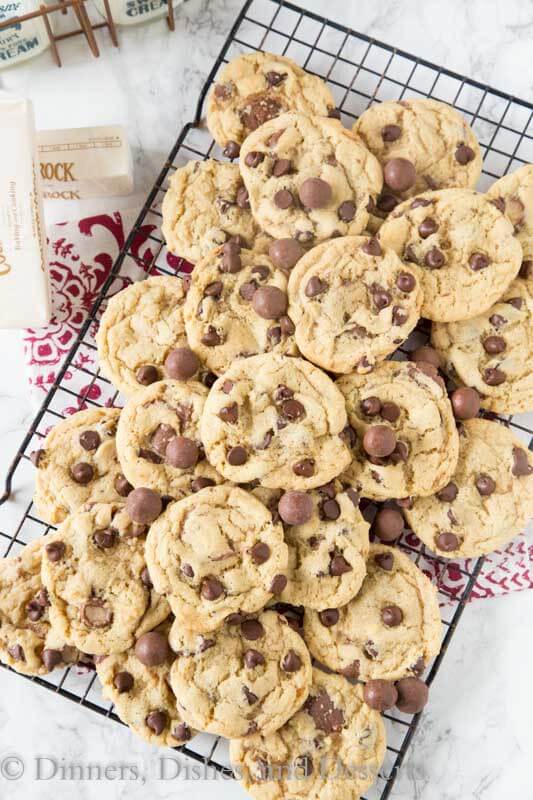 malt chocolate chip whopper cookies in a pan