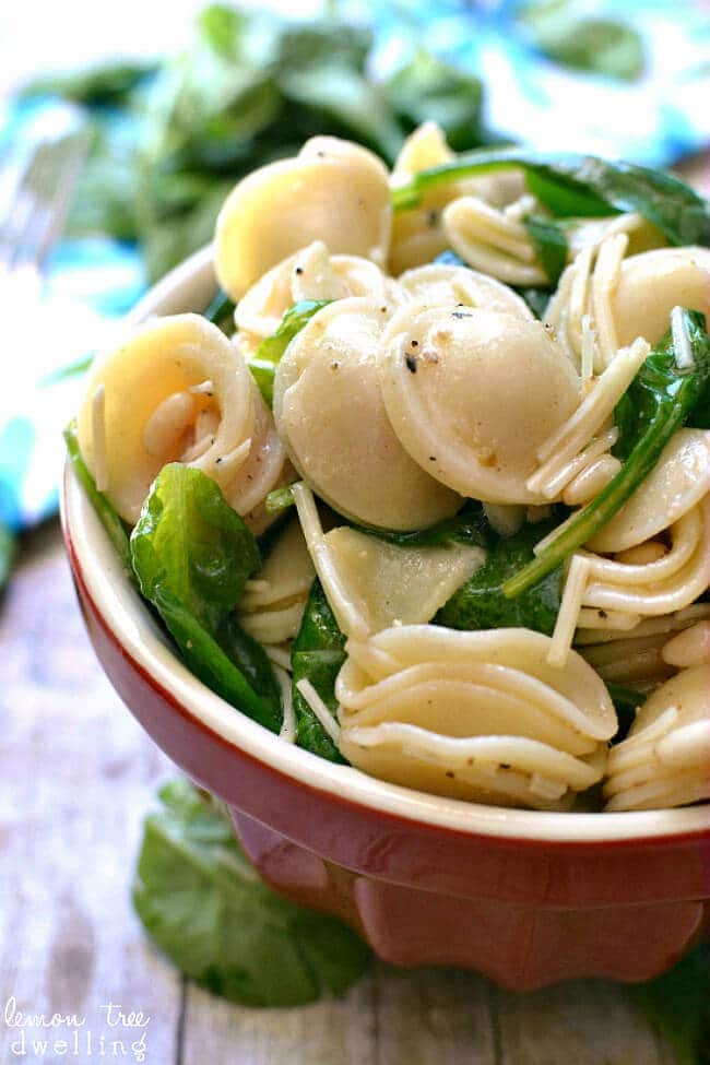 Spinach, Pine Nut & Parmesan Pasta Salad in a red bowl