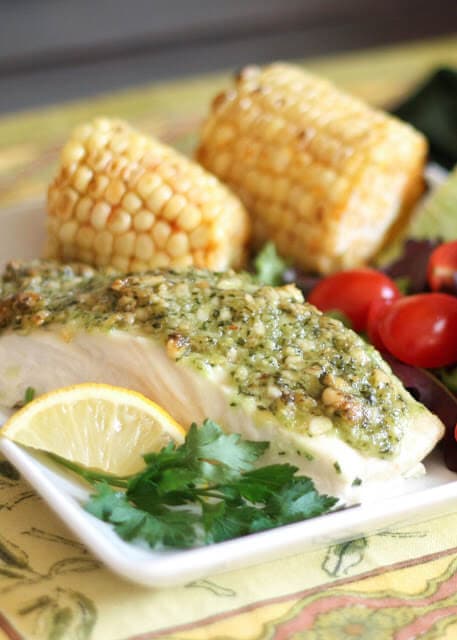Baked Halibut with a Pine Nut Crust {Barefeet in the Kitchen}