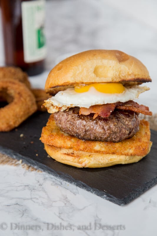 2am Breakfast Burger - the infamous 2am Burger from Rock Bottom Brewery made at home. Topped with hash browns, bacon, and a fried egg. Best burger recipe ever!