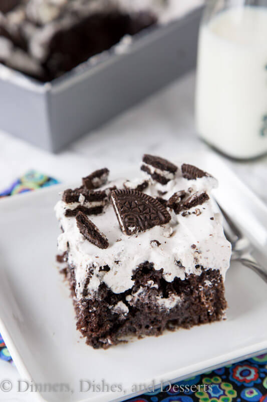 
oreo poke cake on a plate
