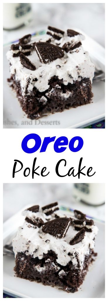 Oreo Poke Cake - An easy chocolate cake topped with an Oreo pudding and whipped cream mixture.  Light, creamy, and so good!