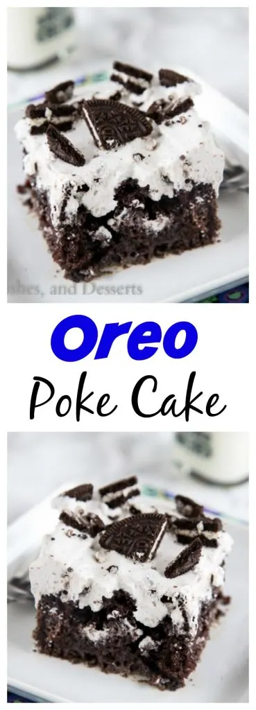 Oreo Poke Cake - An easy chocolate cake topped with an Oreo pudding and whipped cream mixture.  Light, creamy, and so good!
