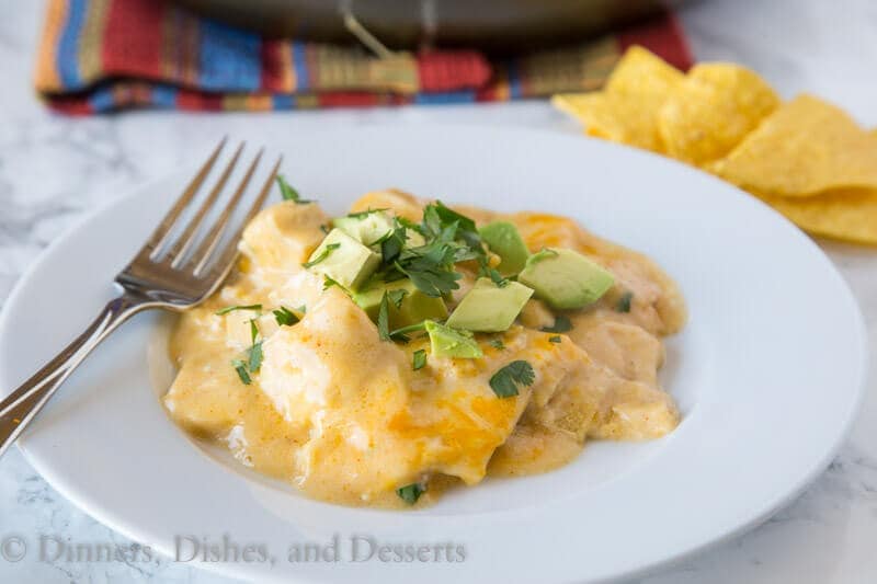 A plate of white chicken enchilada skillet