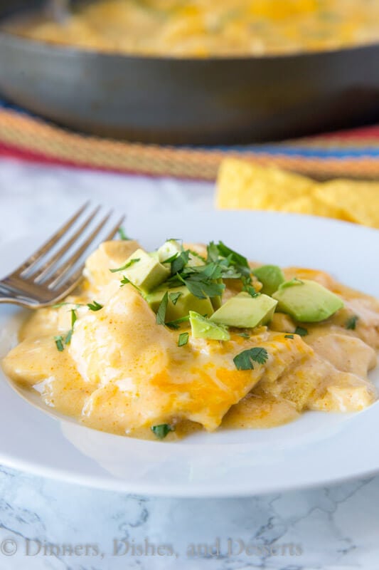 A plate of food of white chicken enchilada skillet