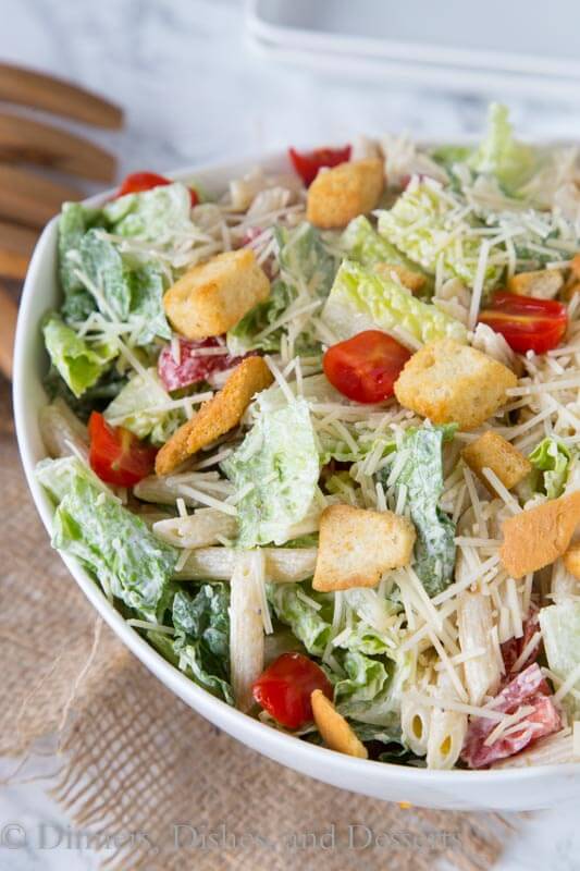 caeser pasta salad in a bowl