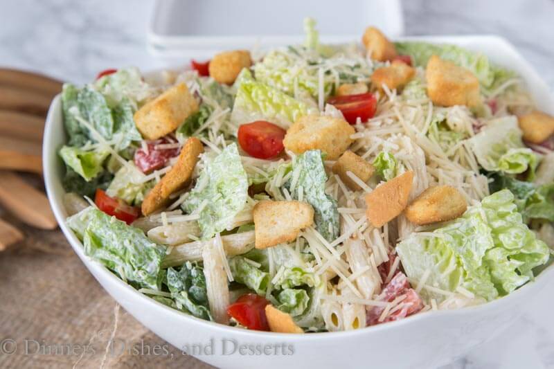 caeser pasta salad in a bowl