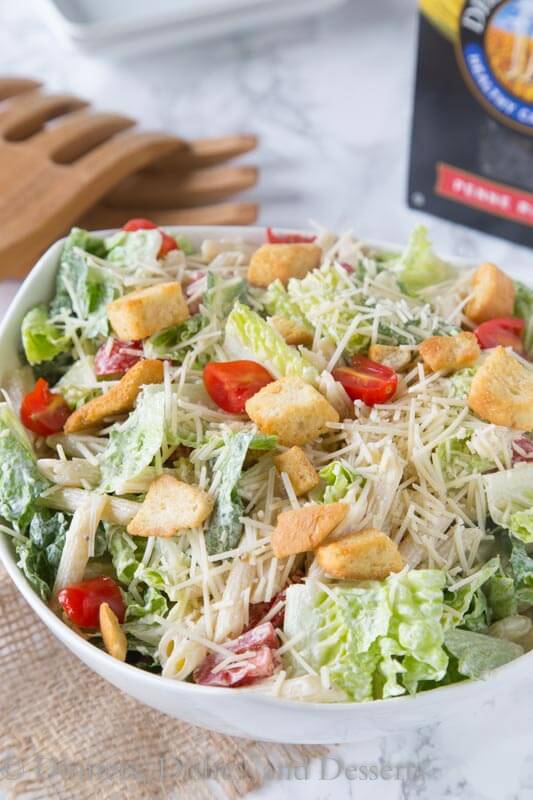 caeser pasta salad in a bowl