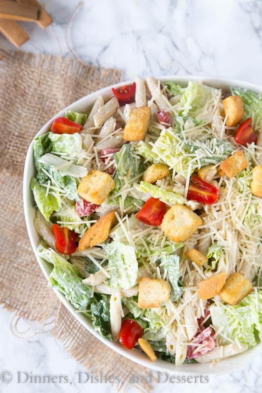 caeser pasta salad in a bowl