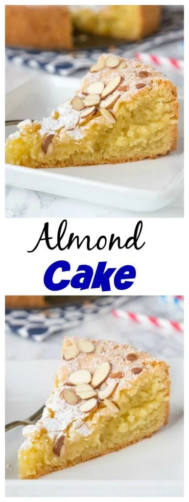 Almond Cake - a super moist and delicious almond flavored cake, topped with sliced almonds and powdered sugar.  A decadent cake that will please everyone!