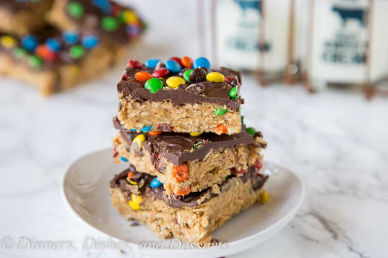 monster cookie no bake bars on a plate