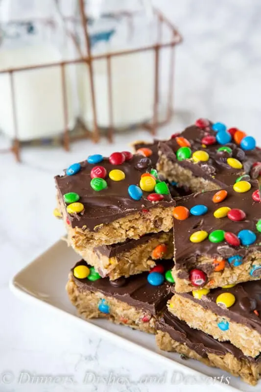 Monster Cookie No Bake Bars - all the flavors of classic monster cookies in a super easy no bake bar recipe. No heating up the oven to make these!