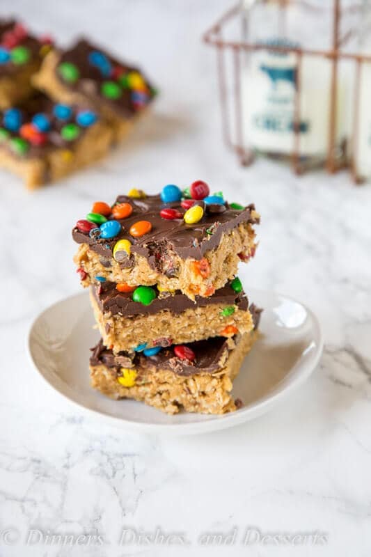 monster cookie no bake bars on a plate