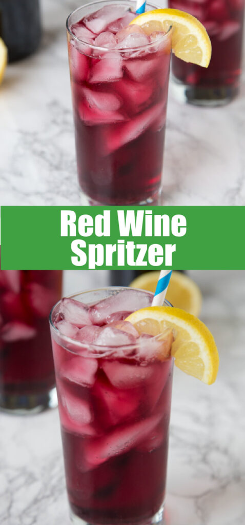 red wine sptizer in a glass with lemon wedge