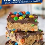 monster cookie no bake bars pin with text overlay
