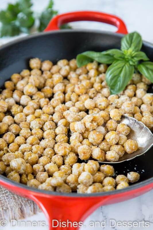 A bowl of food, with roasted chickpeas