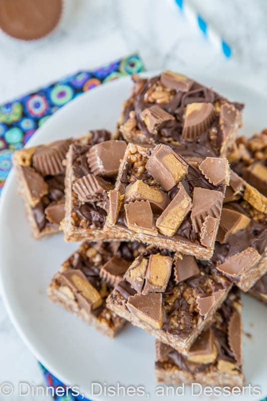 Reeses peanut butter rice krispie treats on a plate