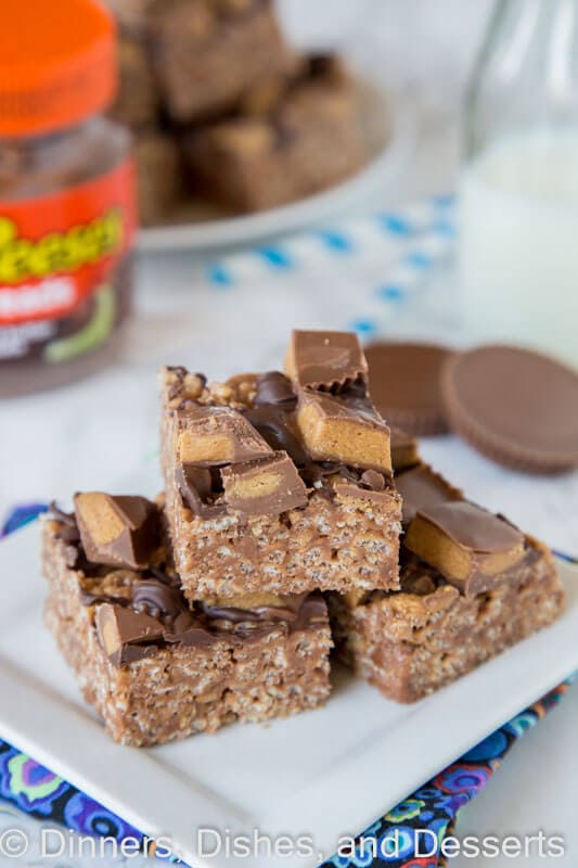 Reeses peanut butter rice krispie treats on a plate