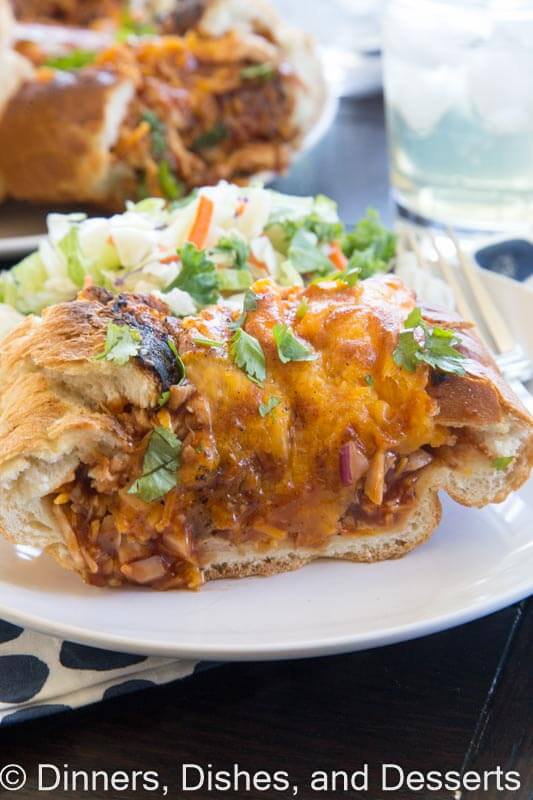 Barbecue Chicken Stuffed French Bread - French bread stuffed with chicken, barbecue sauce and plenty of cheese!! Crispy and delicious dinner!