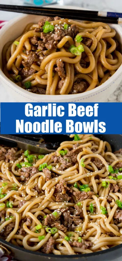 close up of garlic beef noodle bowls in a bowl with chop sticks