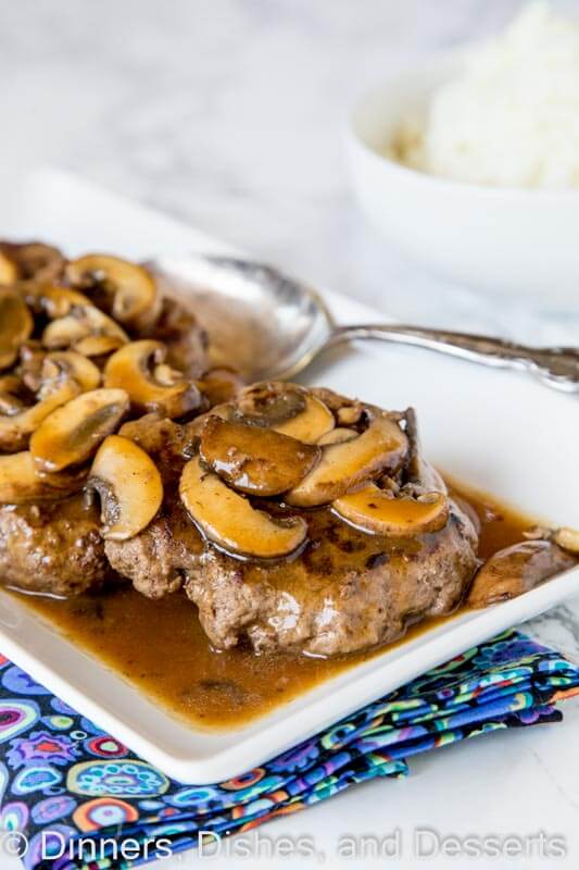 A plate of food, with Mushroom and Steak