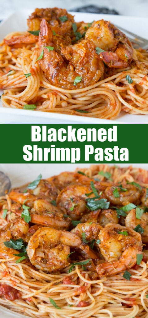 blackened shrimp pasta close up for pinterest