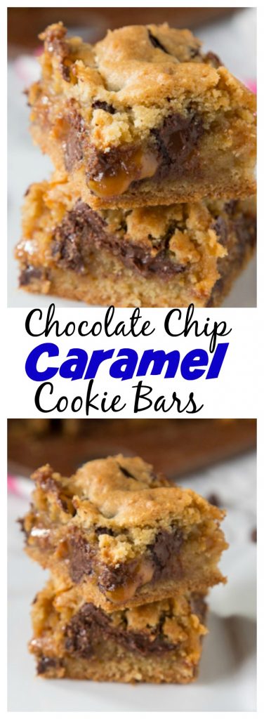 Chocolate Chip Caramel Cookie Bars - classic chocolate chip cookies baked in to bars with a gooey layer of caramel in the middle! 
