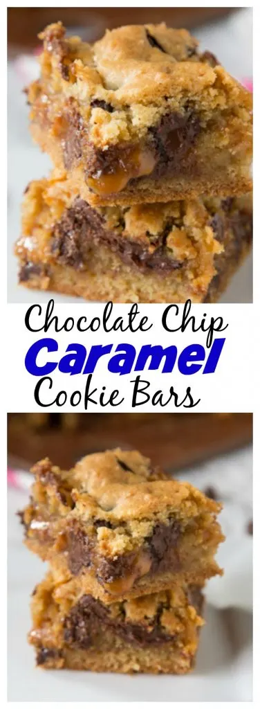 Chocolate Chip Caramel Cookie Bars - classic chocolate chip cookies baked in to bars with a gooey layer of caramel in the middle! 