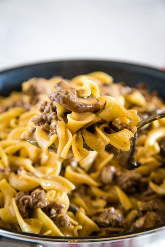 Easy hamburger stroganoff that is ready in minutes, made in one pan and great for busy weeknights