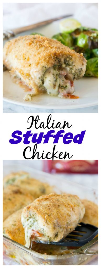 Italian Stuffed Chicken - chicken breasts rolled up with pesto, tomatoes, and cheese!  Then baked until crispy and delicious, a great family dinner.