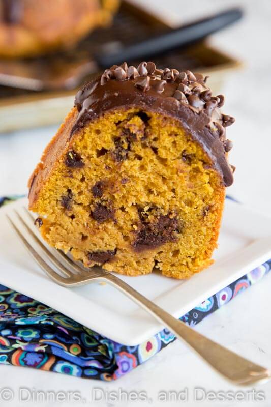 Pumpkin Chocolate Chip Cake - moist pumpkin cake with lots of chocolate chips and topped with a rich chocolate ganache.